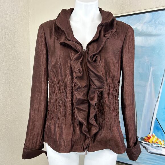 Samuel Dong Tops - Samual Dong Blouse Brown shimmer ruffle front zip size med